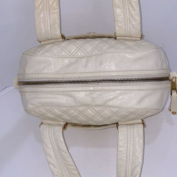 Marc Jacobs Ursula Quilted Patent Goatskin Leather Cream Satchel Lg Bowler Bag - Picture 6 of 12